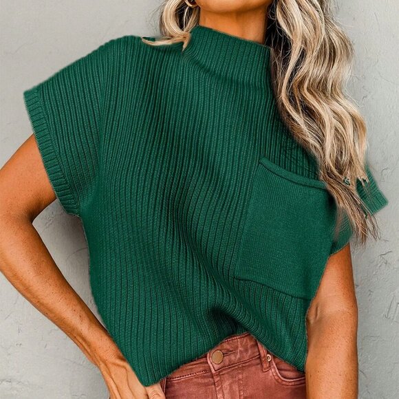 Green Casual Women's Minimalist Kangaroo Pocket Bat Wing Knitted Sweater top - Picture 1 of 8